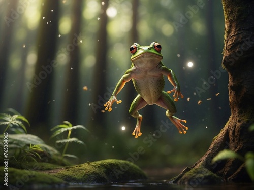 Close-up of a green frog jumping in the blurred forest background