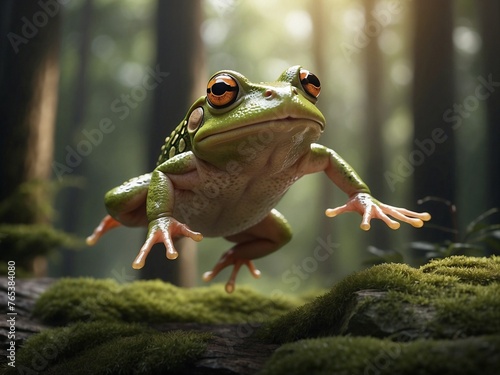 Close-up of a green frog jumping in the blurred forest background