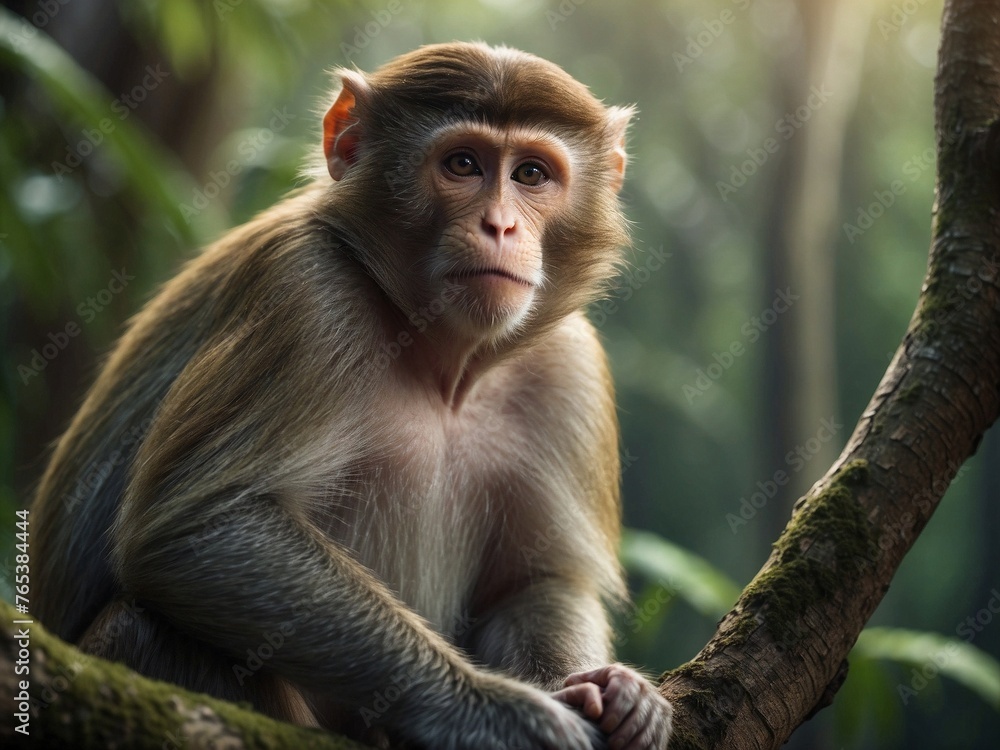 Close-up of a monkey sitting in a branch tree in the blurred background of a green forest Close-up of a monkey sitting in a branch tree in the blurred background of a green forest