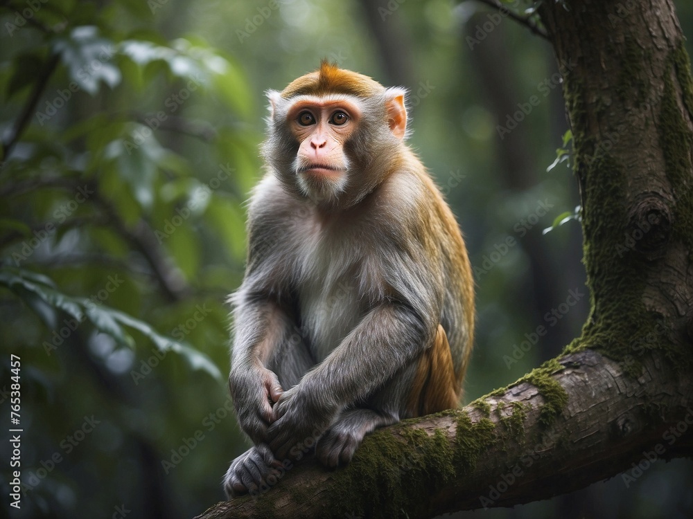 Close-up of a monkey sitting in a branch tree in the blurred background of a green forest