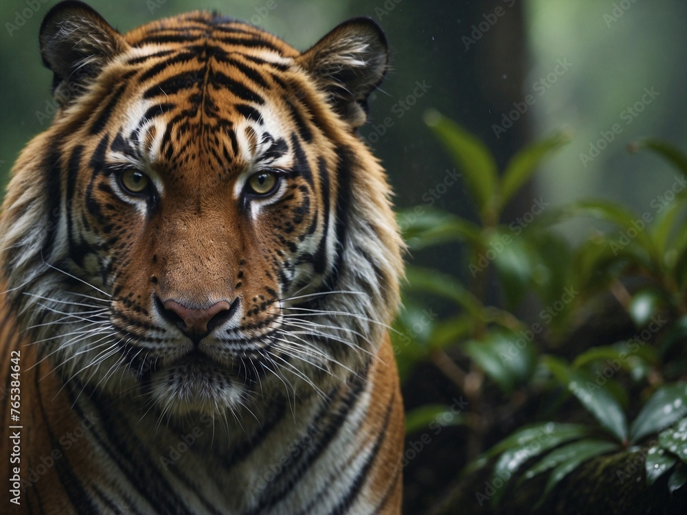 Fototapeta premium Close-up of a Bengal tiger walking in the green forest background