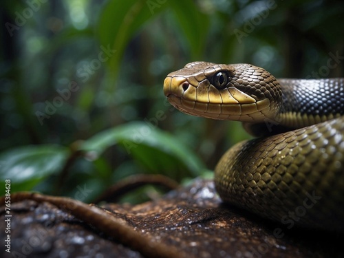 Close-up of a snake on a tree in the green forest background © Leohoho