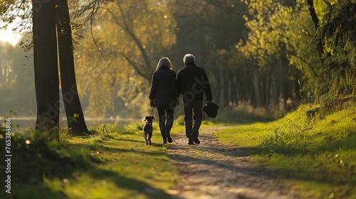 old couple walking with a little dog on a path in a park by the forest © Naila