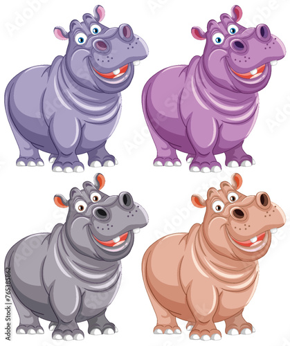 Four stylized hippos with cheerful expressions.