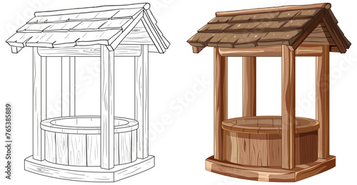 Two styles of wooden wells, one colored and one outlined.