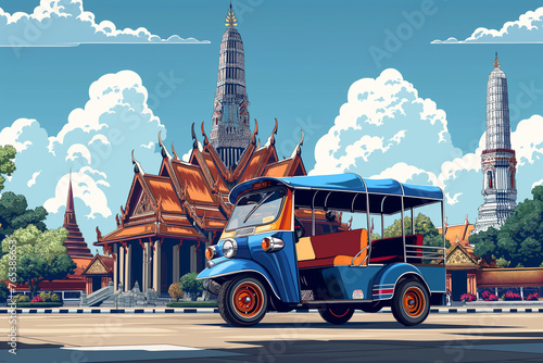 A tuk tuk is parked on the road in a beautiful Thai temple. photo