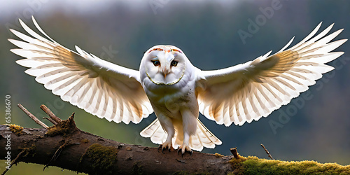 Animal wildlife photography - White barn owl ( Tyto alba ) with wings flying wide open photo