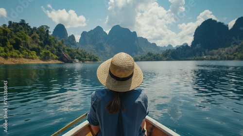 woman with hat relax and sightseeing on Thai longtail boat in Ratchaprapha Dam at Khao Sok National Park