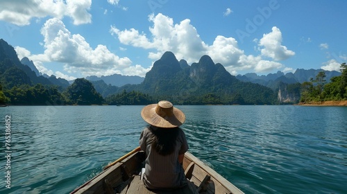 woman with hat relax and sightseeing on Thai longtail boat in Ratchaprapha Dam at Khao Sok National Park © Naila