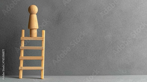wood figurine and step ladder lean on the gray background  --v 6.0 photo