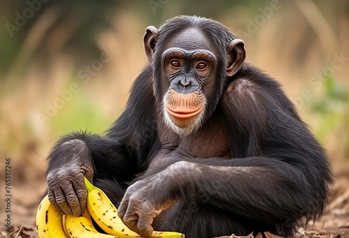 草原でバナナを手に微笑んでいるような表情のチンパンジーのリアルイラスト