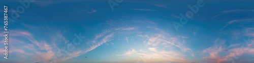 Sunset sky panorama  glowing pink Cirrus clouds  seamless 360 hdr equirectangular  great for virtual reality projects and sky replacement. Weather and climate change