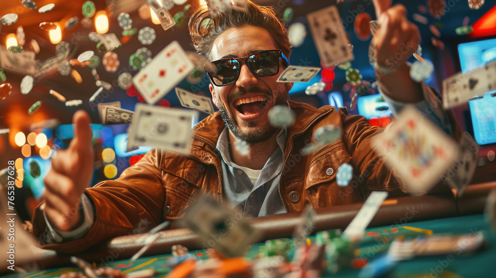 Obraz premium Celebrating Jackpot, Joyful Man Triumphs at Poker Table