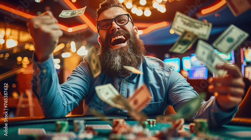 Celebrating Jackpot, Joyful Man Triumphs at Poker Table