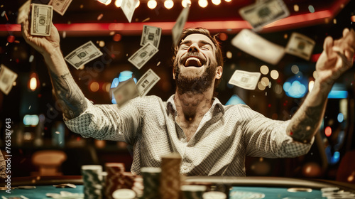 Celebrating Jackpot, Joyful Man Triumphs at Poker Table