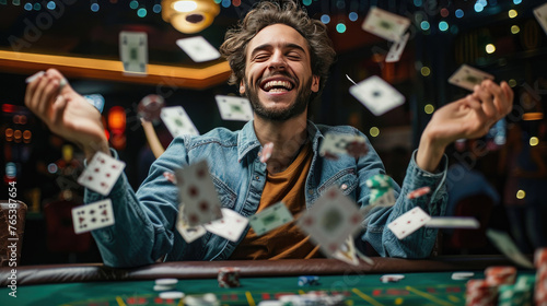 Celebrating Jackpot, Joyful Man Triumphs at Poker Table