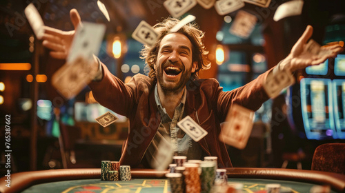 Celebrating Jackpot, Joyful Man Triumphs at Poker Table