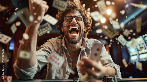 Celebrating Jackpot, Joyful Man Triumphs at Poker Table