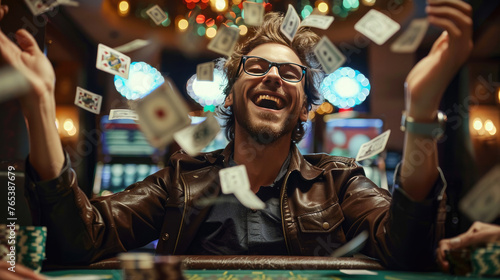 Celebrating Jackpot, Joyful Man Triumphs at Poker Table