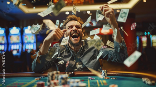 Celebrating Jackpot, Joyful Man Triumphs at Poker Table