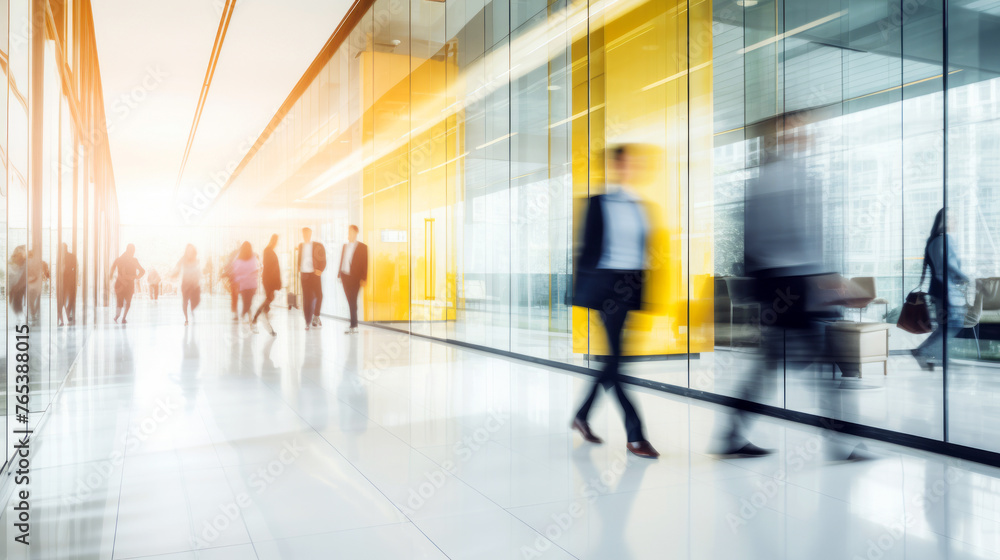 Busy office lobby with motion blur of walking people in a contemporary corporate building