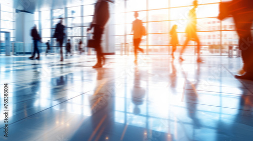 Busy office lobby with motion blur of walking people in a contemporary corporate building