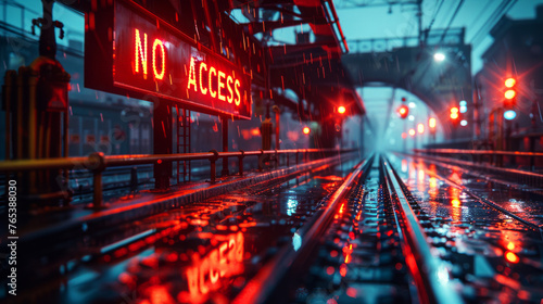 Illuminated 'NO ACCESS' sign with red lights on a rainy railway platform at night