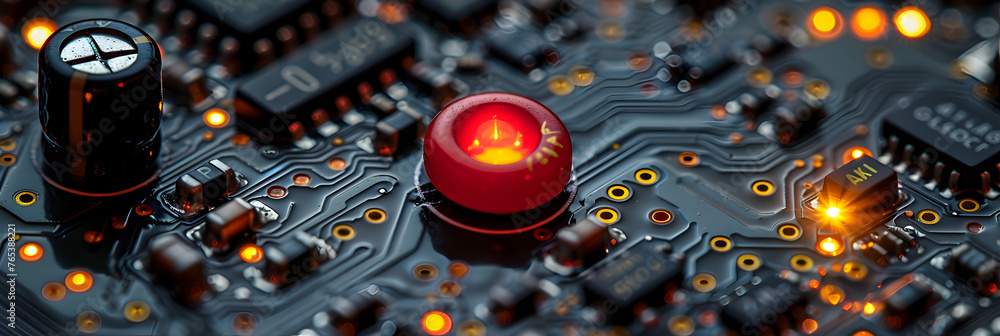 The Red Button on an Electronic Circuit Board,
High-resolution, macro shot of a computer chip, emphasizing intricate circuit detail