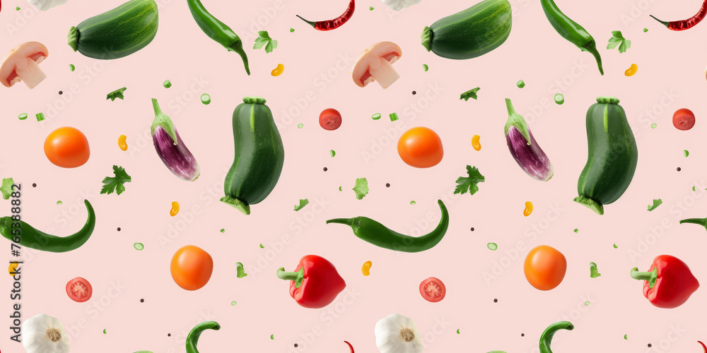 Seamless Fresh Assorted Vegetables and Herbs on Pastel Background Pattern
