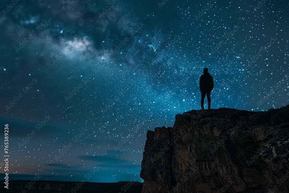 Silhouette of a person standing on a cliff observing the Milky Way in a national park after sunset