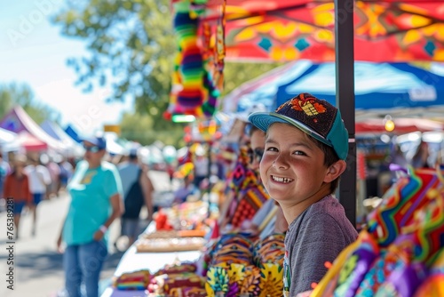 A boy grins at a bustling fair, surrounded by vibrant stalls and festive atmosphere