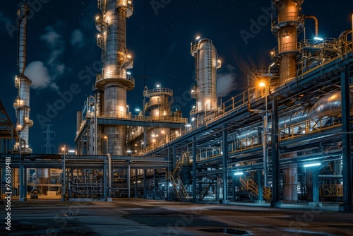 A brightly lit oil refinery stands out against the dark nighttime sky, showcasing the industrial processes at work