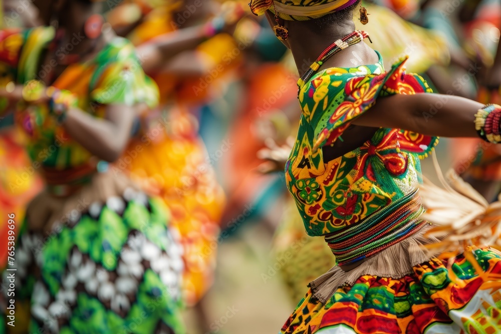 Group of women wearing brightly colored traditional clothing, dancing energetically at a cultural festival or celebration