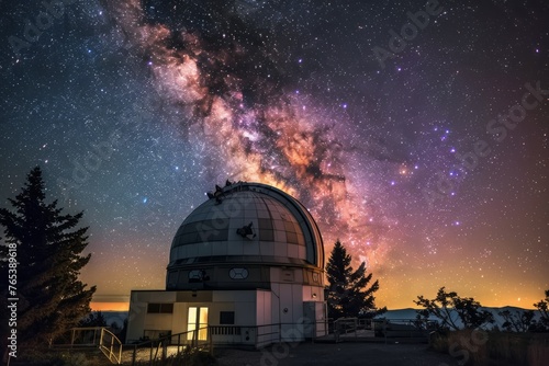 A telescope pointing towards the Milky Way galaxy in the night sky
