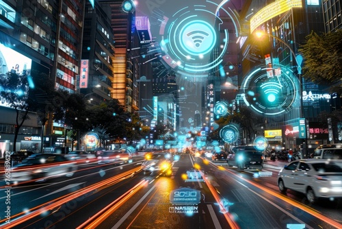 A city street at night filled with multiple vehicles, illuminated by street lights and traffic signals, showcasing the hustle and bustle of urban life