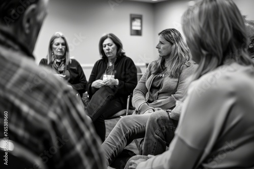A group of diverse women sitting closely beside each other, engaging in a support group session for mental health and wellness