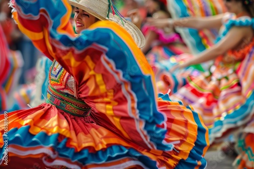 A woman wearing a vibrant dress dances energetically during a festive parade, showcasing traditional dance moves and cultural celebration