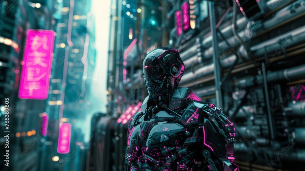 An image depicting a cybernetic robot in a dark, futuristic setting, featuring a color scheme of light azure and pink, inspired by neo-academism.