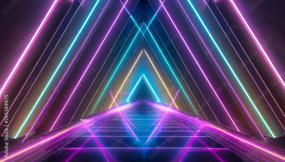 Fototapeta premium Abstract neon light geometric background. Glowing neon lines. Empty futuristic stage laser. Colorful rectangular laser lines. Square tunnel. Night club empty room. Laser show design.