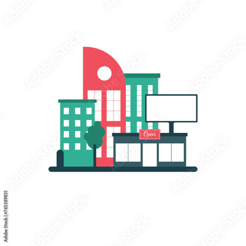 Buildings with billboards 2D flat vector illustration 