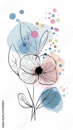 Abstract scandinavian floral design with minimalist shapes. Contemporary minimalist art of a single flower with abstract  overlapping organic shapes in a soft  pastel color palette
