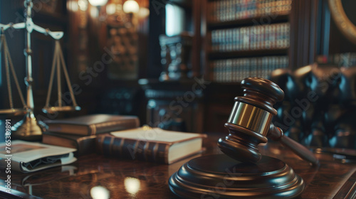 Close-Up of Judge's Gavel and Books on Desk in Law Office