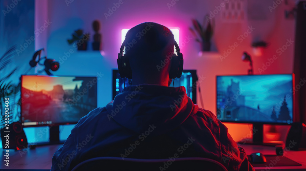 Obraz premium Professional Gamer Playing Video Games on RGB PC Setup