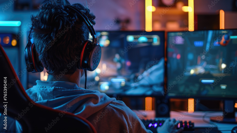 Professional Gamer Playing Video Games on RGB PC Setup Professional Gamer Playing Video Games on RGB PC Setup