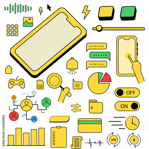 set of business and marketing icons, device icons and data management, social networking, computing, information vector style retro and vintage