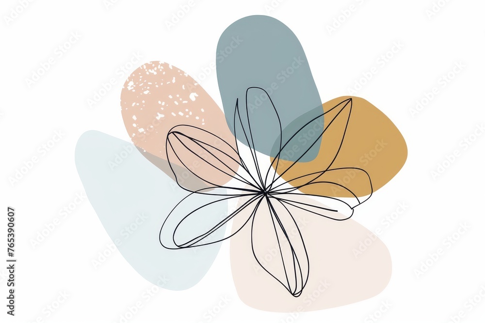 Abstract scandinavian floral design with minimalist shapes. Contemporary minimalist art of a single flower with abstract, overlapping organic shapes in a soft, pastel color palette