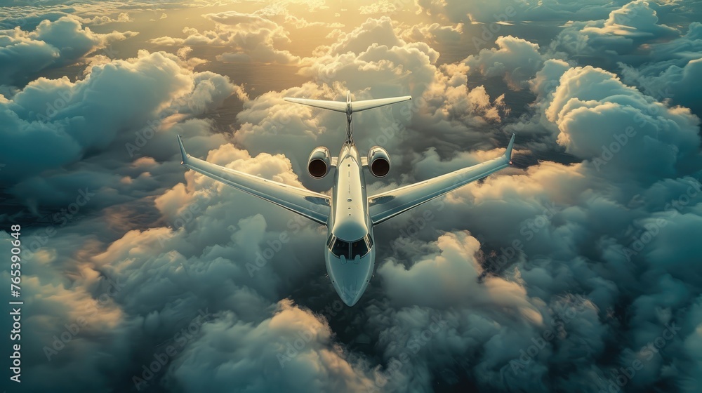 Fototapeta premium A jet flies at high altitude, basking in the golden hues of sunset with a sea of clouds below.