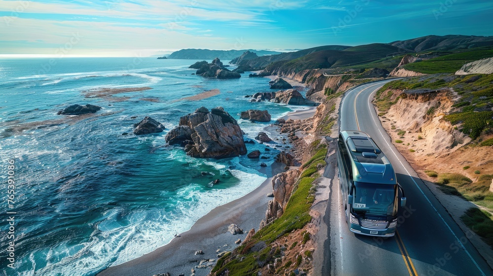 A motorhome drives on a scenic coastal highway with ocean views.