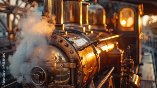 Close-up of a vintage steam train in warm sunset light, with steam rising and brass fittings gleaming.