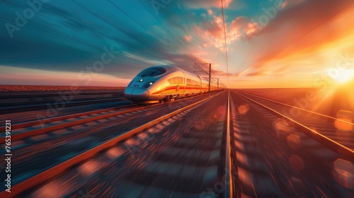 A modern high-speed train racing along tracks as the sun sets, casting warm hues over the dynamic scene.